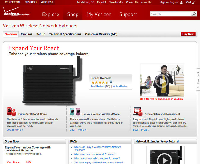 「Verizon Wireless Network Extender」の製品サイト