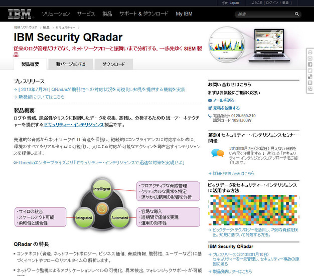 「IBM Security QRadar」の製品ページ