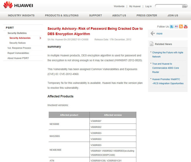 Huawei のセキュリティアドバイザリ（英語）