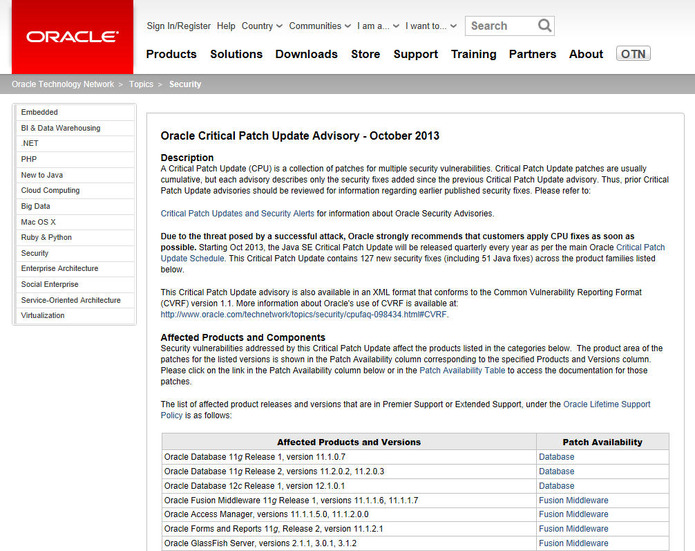 Oracle は、本脆弱性を Oracle Critical Patch Update Advisory - October 2013 で修正している