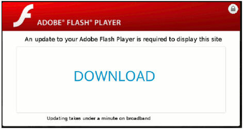 改ざんされたサイトの前面に表示される偽のFlash Playerのアップデート画面