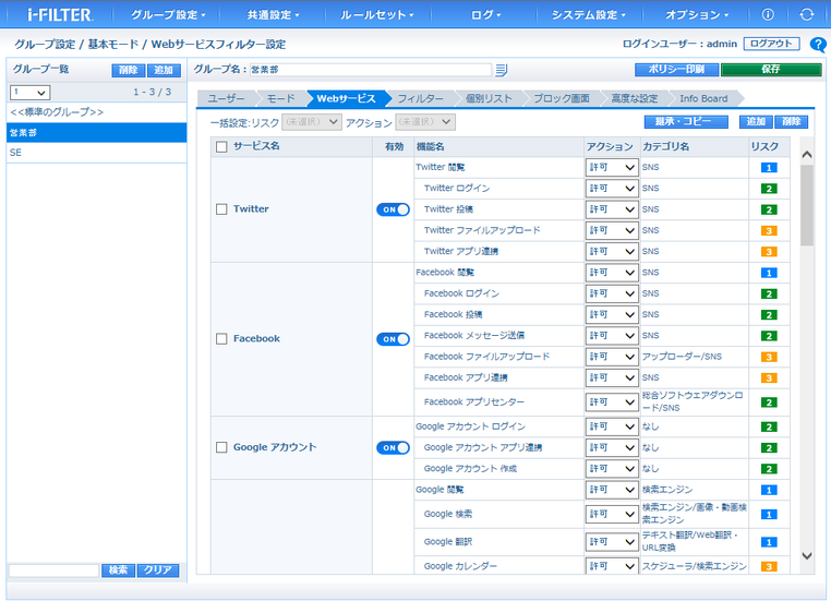 設定画面例、Webサービスの機能別リスクを5段階で表記し、「ログイン可だが投稿不可」など部門別設定が可能