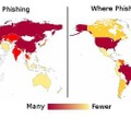 フィッシングサイトにアクセス末うユーザーとフィッシング歳tの所在地の分布