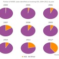 2004年～2012年に、クロスサイトスクリプティングに関わるものであると特定されたマイクロソフトセキュリティレスポンスセンターの脆弱性調査ケースの割合を年別に表示