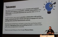 フリードリ氏による講演のまとめ、交戦規則のオープンな共有とチームのバーンアウト防止が強調された