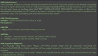スクリーンショット分析結果例：被害者が YouTube で「ESET アンチウイルスの無料クラック」動画を見ながら、偽のライセンスキーを入力しようとしている瞬間のスクリーンショットであることを LLM が記述できている