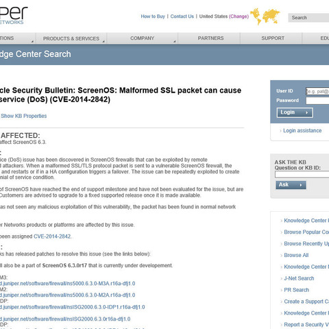 Juniper Networksの「ScreenOS」にDoSの脆弱性（JVN） 画像