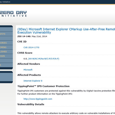 「Internet Explorer 8」に任意のコードが実行される脆弱性、ZDIが公開（JVN） 画像