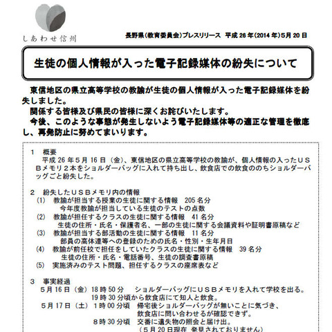 高校教諭が生徒の個人情報を記録したUSBメモリをバッグごと紛失（長野県） 画像