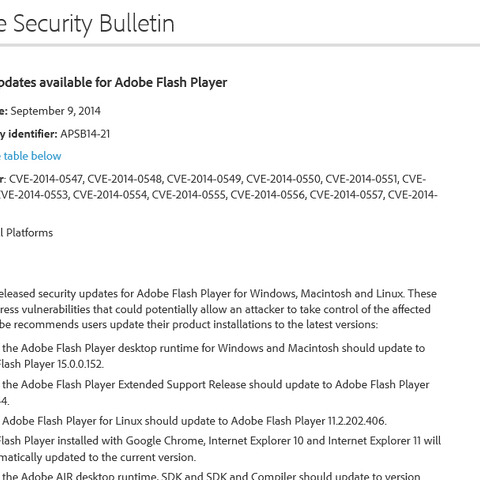 「Adobe Flash Player」のセキュリティアップデートを公開、至急の適用を（アドビ） 画像