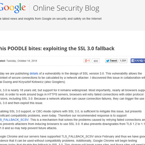 「SSL 3.0」に、Webサイト上の個人情報を盗まれる「POODLE」脆弱性（Google） 画像