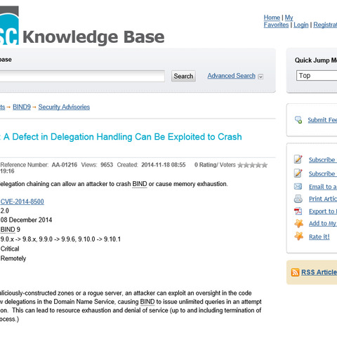 「BIND 9」などのDNSソフトに脆弱性、権威DNSサーバも限定的に影響（JPRS） 画像