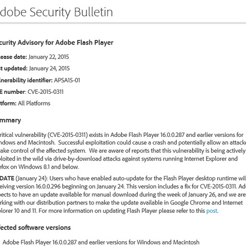 「Adobe Flash Player」に2つの脆弱性、ひとつはパッチを公開（アドビ） 画像