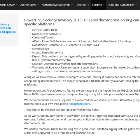 「PowerDNS Authoritative Server」などにDNSサービス停止の脆弱性（JPRS） 画像