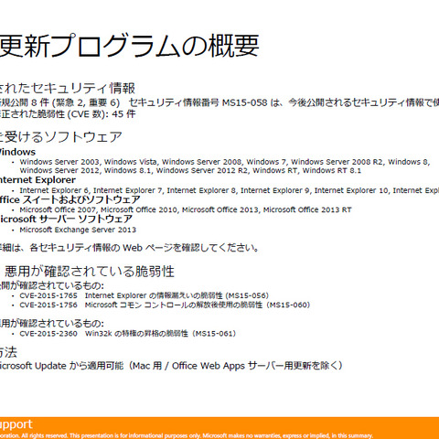 月例セキュリティ情報8件を公開、最大深刻度「緊急」は2件（日本マイクロソフト） 画像