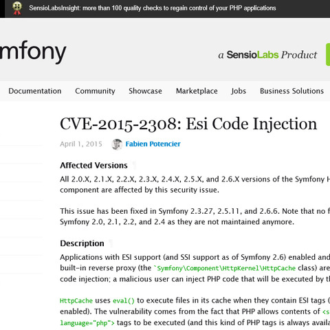 Webアプリフレームワーク「Symfony」にコードインジェクションの脆弱性（JVN） 画像