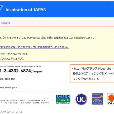 全日空を騙るフィッシングメールの報告相次ぐ（フィッシング対策協議会） 画像