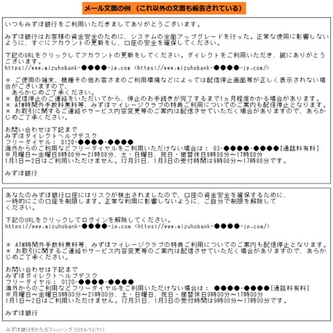 アカウント更新や口座の制限解除を理由に誘導する、みずほ銀行偽メール（フィッシング対策協議会） 画像