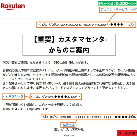 楽天を騙るフィッシングメールを確認、注意喚起を発表（フィッシング対策協議会） 画像