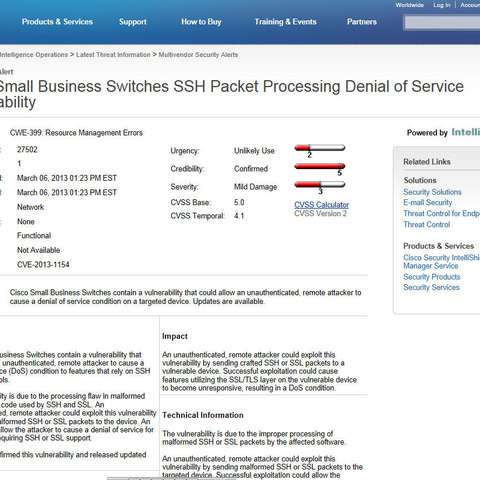 複数のCisco製品、SSH実装が原因のDoSの脆弱性（JVN） 画像