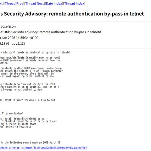 GNU InetUtils telnetd における認証回避して管理者権限での操作が可能となる環境変数の検証不備（Scan Tech Report） 画像