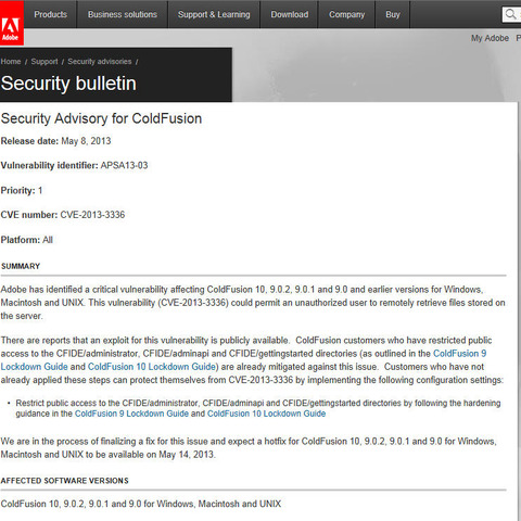 ColdFusionに脆弱性、すでにエクスプロイトが公開（アドビ） 画像