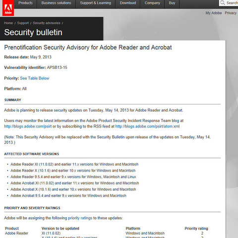 Adobe ReaderとAcrobatのセキュリティアップデートを事前通知（アドビ） 画像