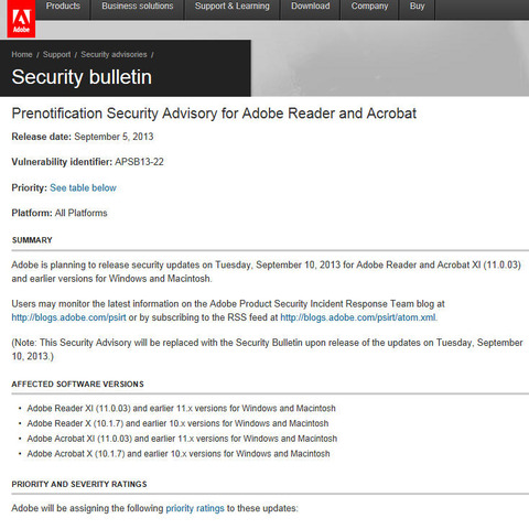 Adobe ReaderとAcrobatのセキュリティアップデートを事前通知（アドビ） 画像