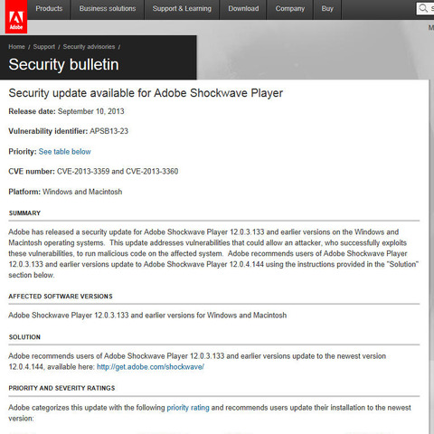 Adobe Shockwave Playerのセキュリティアップデートを公開（アドビ） 画像