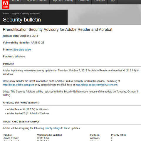 Adobe ReaderとAcrobatのセキュリティアップデートを事前通知（アドビ） 画像