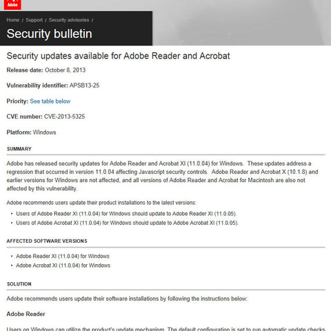 Adobe ReaderとAcrobatのセキュリティアップデートを公開（アドビ） 画像
