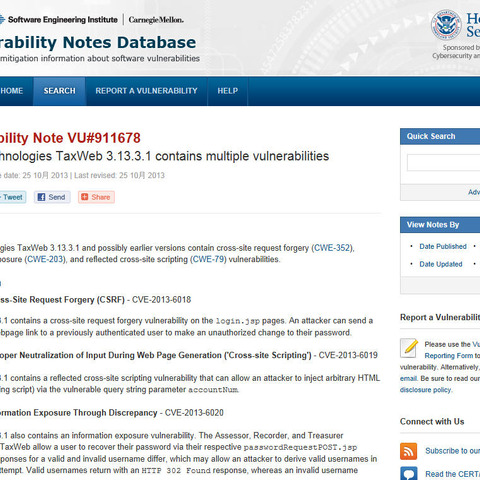 「TaxWeb」に複数の未対策脆弱性（JVN） 画像
