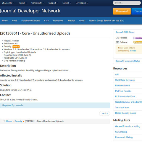 「Joomla!」にファイルアップロードに関する脆弱性（JVN） 画像