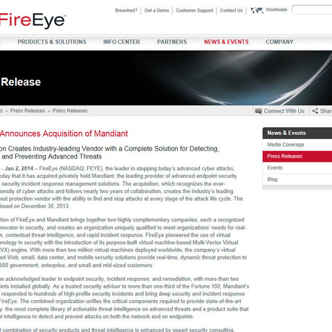 米FireEyeがセキュリティ・ソリューション企業Mandiantを買収（ファイア・アイ） 画像