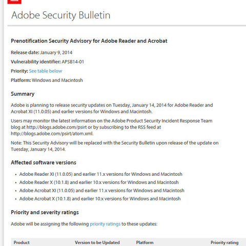 Adobe ReaderとAcrobatのセキュリティアップデートを事前通知（アドビ） 画像