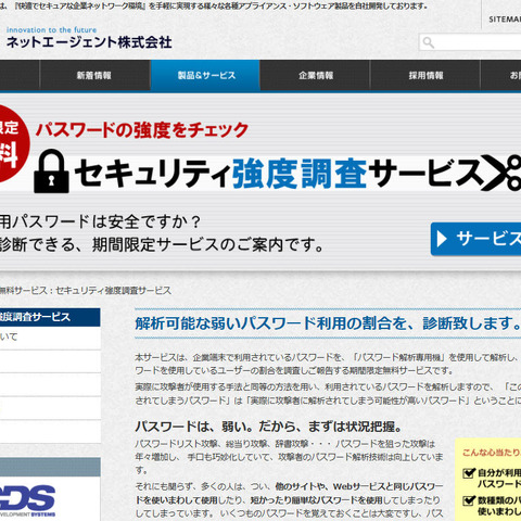 パスワードの強度を無償で解析するサービスを提供開始（ディー・ディー・エス、ネットエージェント） 画像