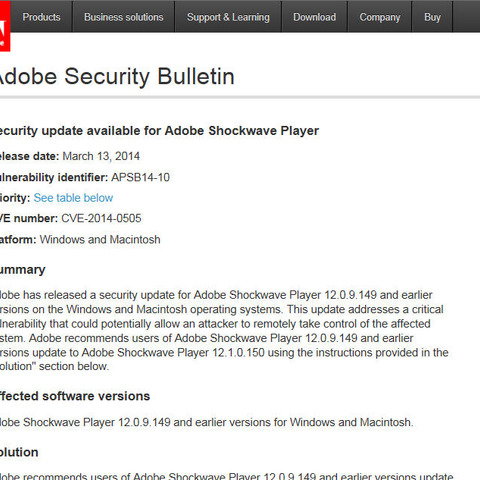 Adobe Shockwave Playerのセキュリティアップデートを公開（アドビ） 画像