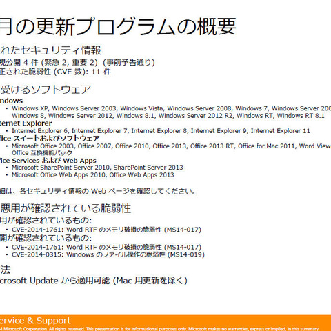 月例セキュリティ情報4件を公開、最大深刻度は「緊急」は2件（日本マイクロソフト） 画像