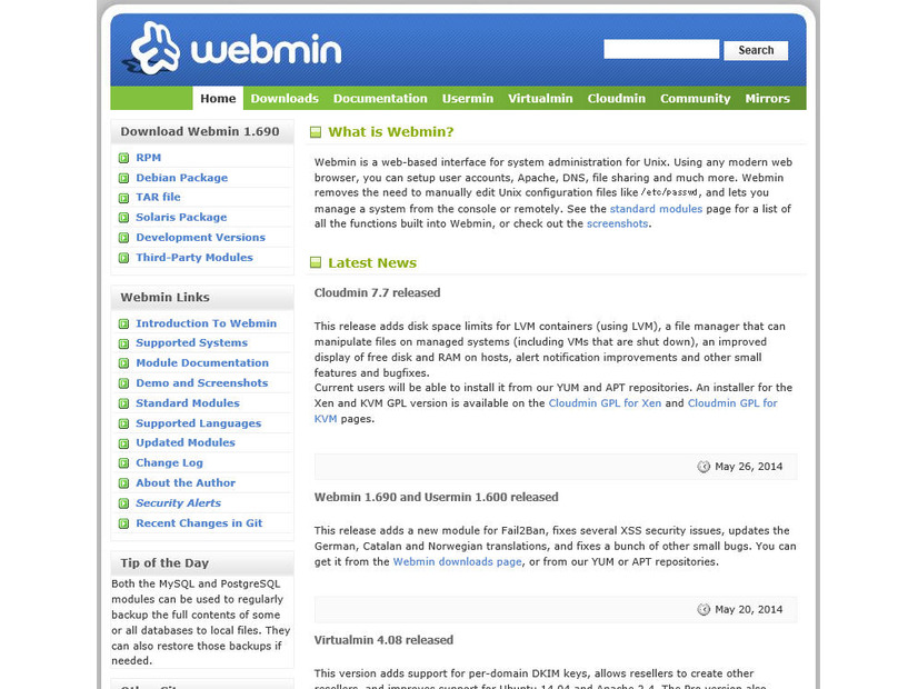 WebminのWebサイト