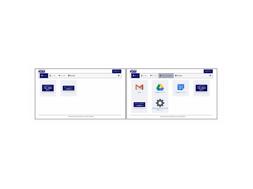 管理画面イメージ（左:「KDDIビジネスオンラインサポート」、右:「KDDI Business ID」）