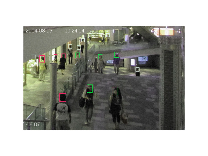顔認識システムを起動した例。自動的に人物の顔を認識し、画面から消えるまでマーカーが追いかける。
