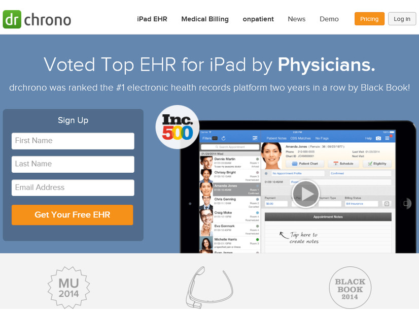 drchrono Electronic Health Record（EHR）のサイト