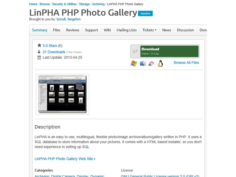 「LinPHA」のWebサイト（Sourceforge）