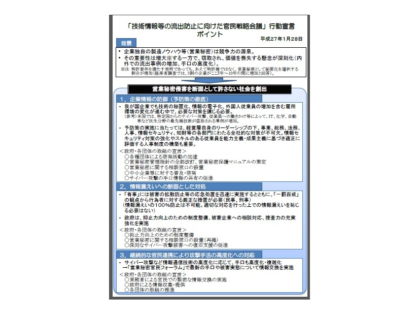 技術情報等の流出防止に向けた官民戦略会議がまとめた「行動宣言」の概要