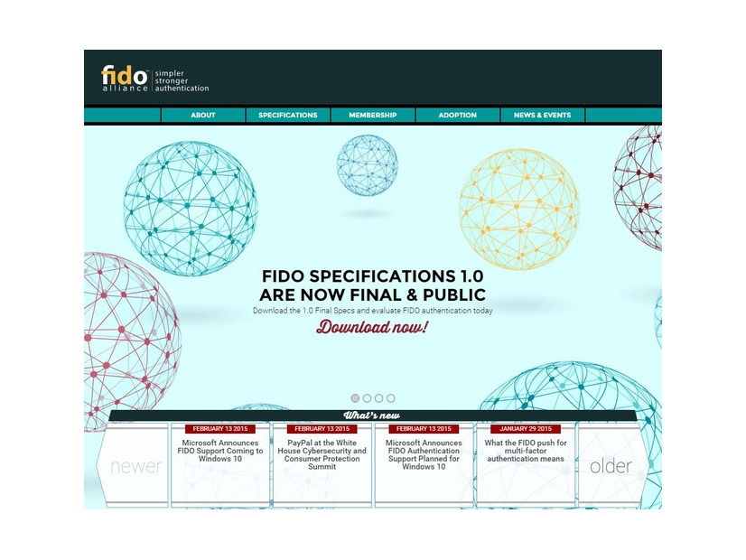 FIDO Allianceは2012年7月に結成され、パスワードなどに代わる本人確認認証方式の仕様を策定している団体だ（画像はFIDO AllianceのWebより）。
