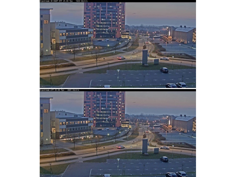 写真上がZipstreamテクノロジーを使った画像（1433kbit/s）、写真下が通常のビデオストリーム（2881kbit/s）（画像はプレスリリースより）