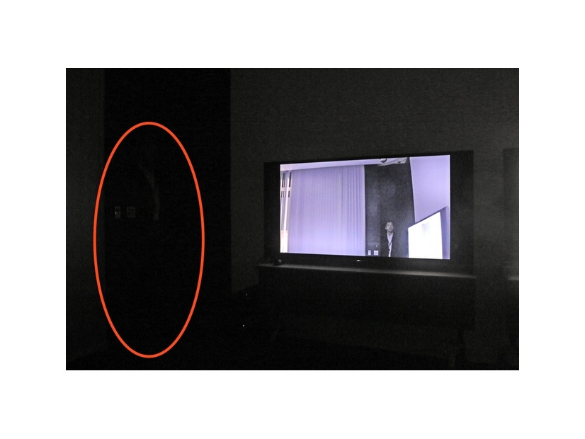 「SNC-VM772R」が持つ低照度撮影能力のデモ。肉眼ではハッキリと確認できない場所（丸囲み部分）にいる人も「SNC-VM772R」なら映し出すことができる（撮影：編集部）