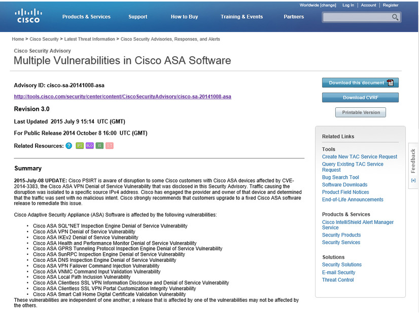 Ciscoによる脆弱性情報