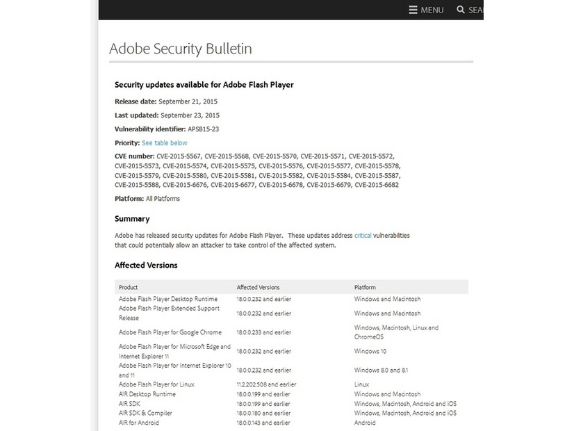 「Adobe Security Bulletin」に掲載された内容