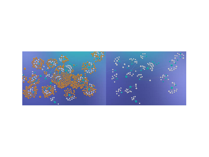 攻撃者からみたネットワーク（左）と実際のネットワーク（右）